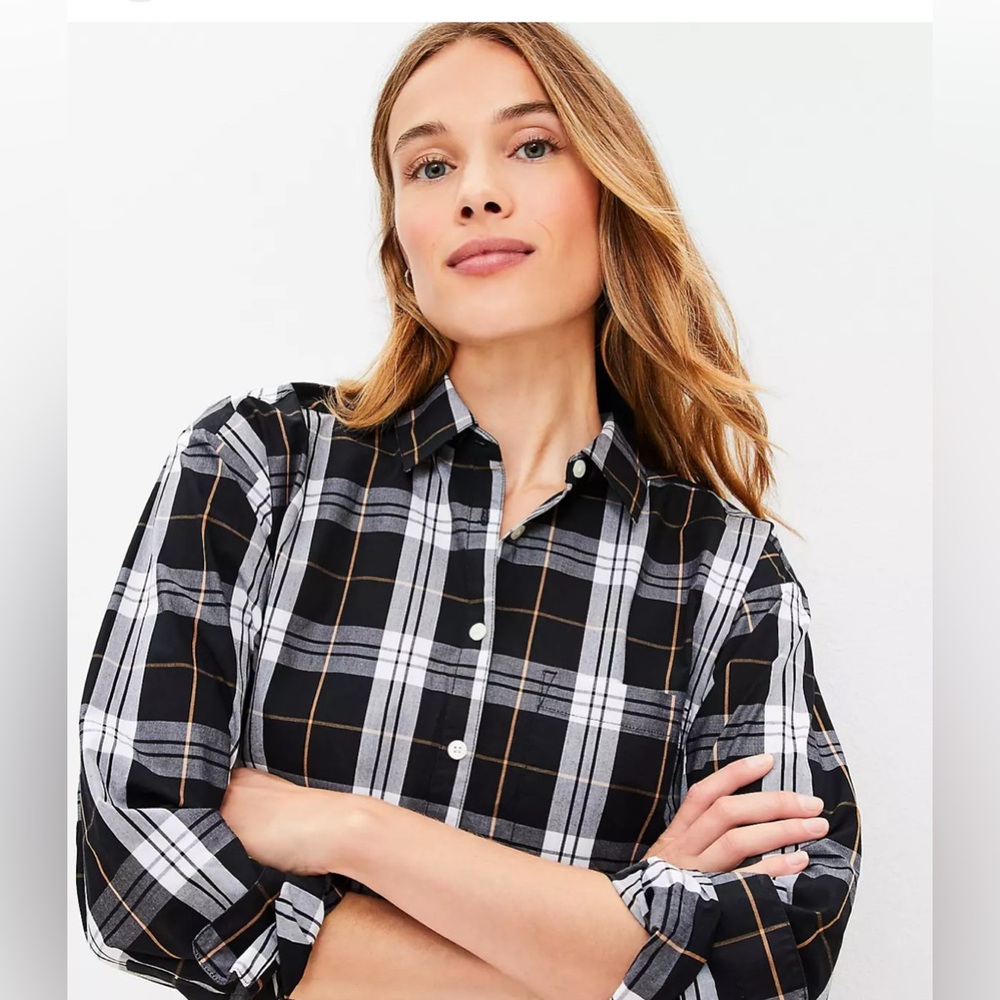 Ann Taylor LOFT Women’s black & white plaid check button up shirt blouse XS